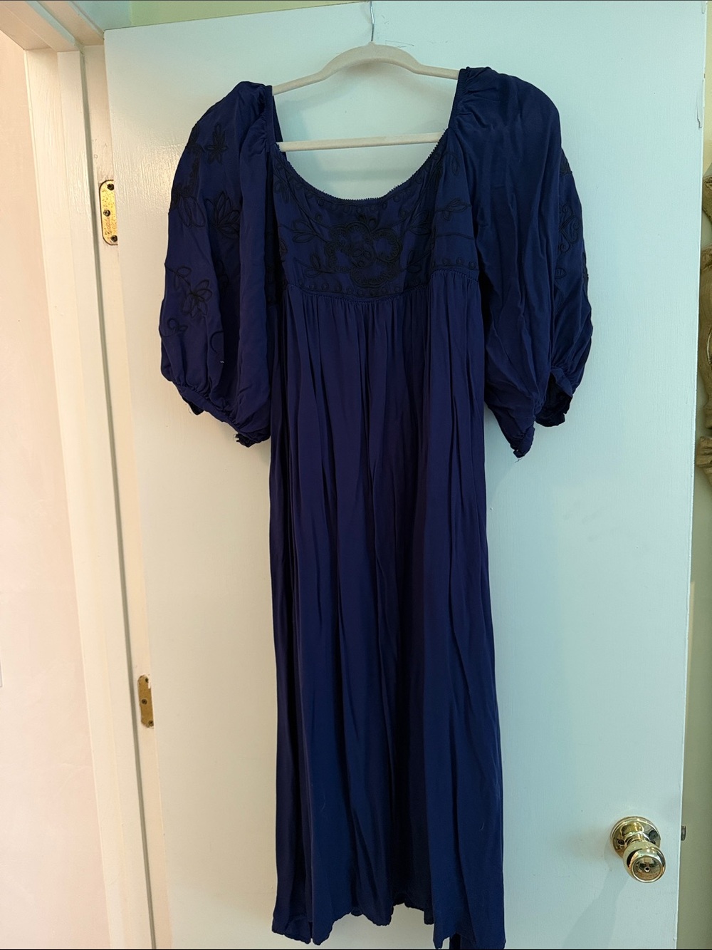 Navy Puff-Sleeve Midi Dress - Women's